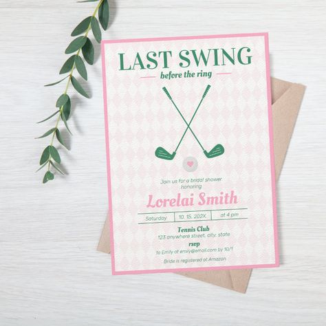 Couples Shower Themes, Last Swing Before The Ring, Couples Shower Invitation, Golf Wedding, Golf Course Wedding, Bachelorette Themes, Golf Theme, Couples Shower Invitations, Bachelorette Party Invitations