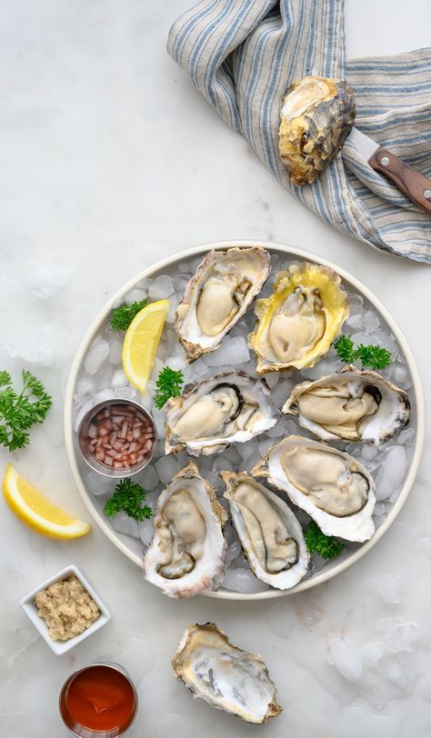 Fresh oysters served with lemon and horseradish Mussels Recipe, Oyster Recipes, Fresh Oysters, Grilled Seafood, Food Photography Tips, Food Photographer, Photographing Food, Food Obsession, Food App