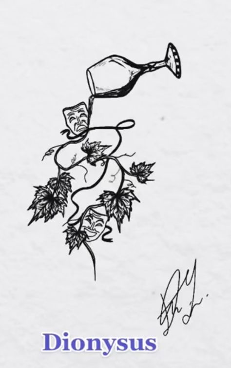 Greek Mythology Simple Art, Greek Gods Tattoo Ideas, Symbols Of Dionysus, God Of Wine Tattoo, Simple Greek Mythology Drawings, Greek God Inspired Tattoo, Dionysus Tattoo Design, Greek Mythology Paintings Easy, Dionysus Tattoo Greek Mythology