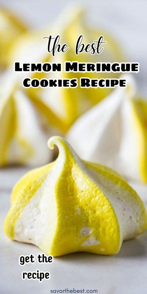 Attention lemon dessert lovers, these Lemon Meringue Cookies are just for YOU! These bite-sized cookies are a delicious, light dessert that combines zesty citrus flavors with light and airy meringue, and they practically melt in your mouth. Lemon meringues are light, crispy little puffs that make the perfect dessert to end any meal. Lemon Meringues, Egg White Cookies, Bake Sale Goodies, Lemon Meringue Cookies, Meringue Cookie Recipe, Baked Meringue, Meringue Desserts, Lemon Cookies Recipes, Light Dessert