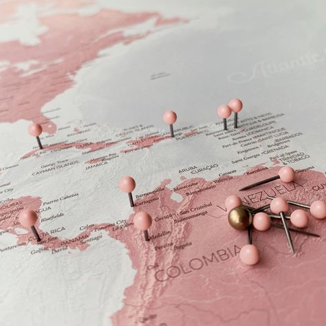 "Beautifully designed 24\" x 36\" pink push pin world travel map poster printed on thick matte paper.  This listing is for a pink high-quality map poster with an option to add 100 map push pins. Your map poster will be carefully rolled and securely shipped in a thick tube. Once your map poster arrives we (the family trio at Map Republic) suggest you mount it on foam board. Our map poster is printed on thick, high-quality matte paper (no inkjet glossy prints here), but it will need a backing if y Map Monde, Map With Pins, World Map With Pins, World Travel Map, Pin World Map, Diy Poster, Facebook Frame, Push Pin World Map, Detailed World Map