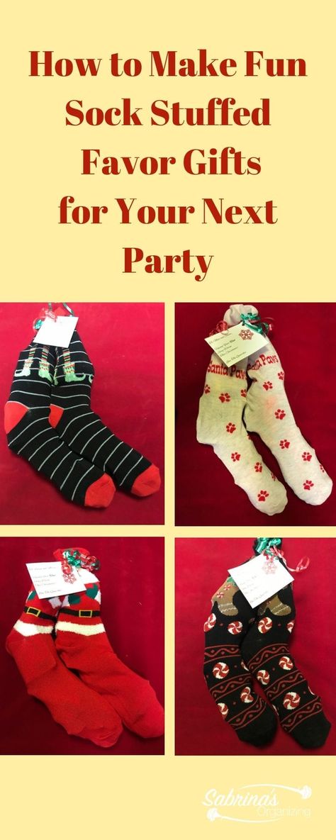 How to Make Fun Sock Stuffed Favor Gifts for Your Next Party Sock Stocking Gift Ideas, Sock Stuffing Ideas Christmas, Christmas Sock Party Ideas, Christmas Socks Exchange Ideas, Gifts To Put In Christmas Socks, Gift Wrapping Ideas For Socks, Fill Christmas Socks Gift Ideas, Stuffed Socks Gift Exchange Ideas, Fill A Sock Gift Exchange Ideas