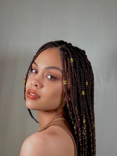 Braids With Jewelry Black Women, Box Braids With Hair Jewelry Gold Rings, Black Box Braids With Gold Accessories, Hair Jewelry Black Women Braids, Box Braids Hair Jewelry, Braids With Rings In Them Black Women, Braids Jewelry Hair Black, Box Braids Jewelry Accessories, Braids Accessories Jewelry