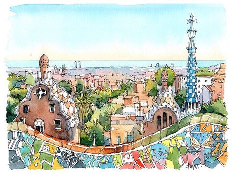 Drawing Barcelona, Parque Guell, Barcelona Print, Parc Guell, Park Guell, Watercolour Ideas, Architecture Drawing Sketchbooks, Landscape Architecture Drawing, Park Güell