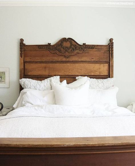 Follow The Yellow Brick Home - TIps for Designing a Beautiful and Relaxing Bedroom Antique Bed Frame, Antique Bed, White Linens, Antique Beds, White Linen Bedding, Relaxing Bedroom, White Sheets, Diy Headboard, Beautiful Bedding