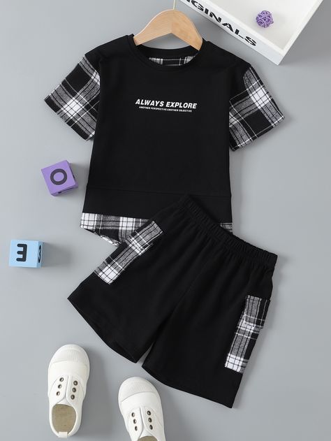 Black and White Casual  Short Sleeve  Letter,Plaid  Embellished Slight Stretch  Toddler Boys Clothing Hipster Baby Boy, African Dresses For Kids, Kids Dress Wear, Amazing Dresses, Baby Girl Boy