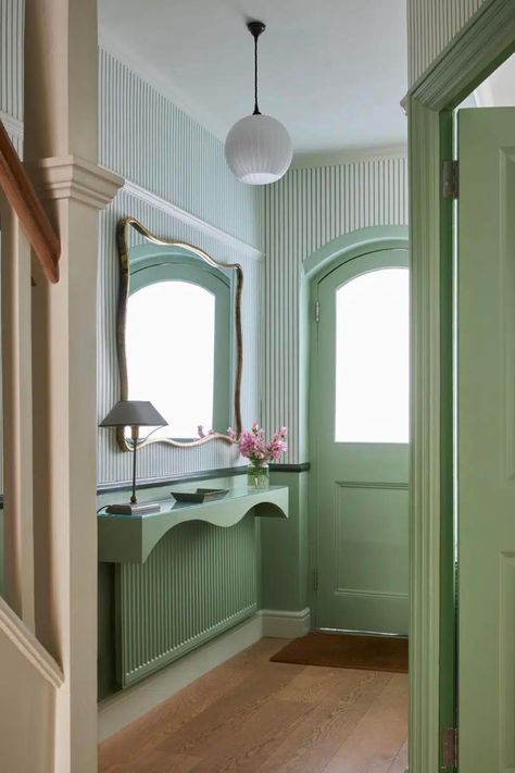 Blue Hallway Ideas, Dado Rail Hallway, Hallway Wallpaper Ideas, Small Hallway Decor, Breakfast Room Green, Blue Hallway, Half Painted Walls, Narrow Hallways, Hallway Paint