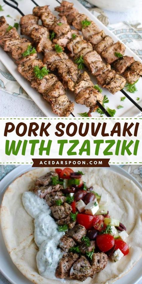 A pork souvlaki recipe! This dinner idea for tonight features a Mediterranean marinade. Made with grilled pork tenderloin and tzatziki sauce on pita bread, this Greek souvlaki is delicious! Save this pin! Pork Souvlaki Pita, Mediterranean Diet Recipes Pork Tenderloin, Mediterranean Pork Tenderloin Recipes, Mediterranean Diet Pork Tenderloin, Greek Pork Loin Recipes, Greek Pork Tenderloin Recipes, Pork Souvlaki Recipe, Greek Pork Souvlaki Marinade, Mediterranean Diet Pork Recipes