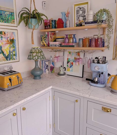 Colourful Kitchen Aesthetic, Millennial Home Decor, Mod Home Decor, Kitchen Decor Eclectic, Opal House Decor, Colorful Kitchen Utensils, Cool Kitchen Decor, Colorful Coffee Bar, Cottage Core Apartment Decor