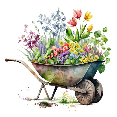 Wheelbarrow With Flowers, Watercolor Flower Art, Spring Painting, Tableau Art, Flower Printable, Fabric Panel, Painting Art Projects, Watercolor Techniques, Watercolor Cards