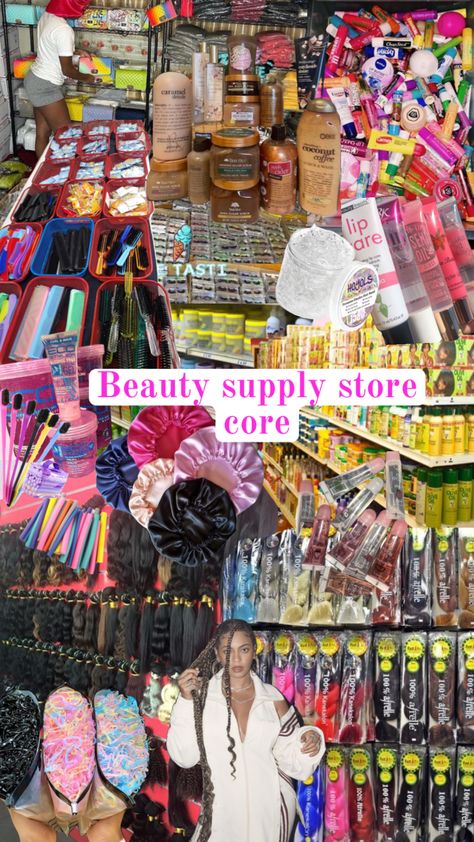 Beauty supply store – core😍 I can smell this collage🥹 #beauty #beautysupplystore #store #cornershop #blackgirl #blackgirlaesthetic #lipgloss #haircare #skincare #products #bonnet #lashes #braids Hair Supply Store, Hair Product Storage, Beauty Room Salon, Pretty School Supplies, Curly Hair Care Routine, Retail Store Interior Design, I Love Being Black, Cute Hair Colors, Hair Stores