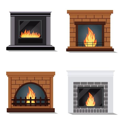 Premium Vector | Set of different model of fireplace at room house or apartment Scene Illustration, Flat Style, Electric Fireplace, A Cartoon, Heating Systems, Fashion Flats, White Background, Stock Vector, Fireplace