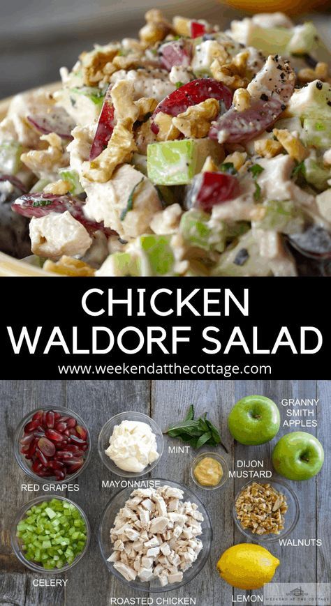 Chicken Waldorf Salad - Weekend at the Cottage Waldorf Salad With Chicken, Chicken Wardolf Salad, Waldorf Salad Recipe Chicken, Best Lunch Salads, Waldorf Snacks, Christmas Chicken Salad, Salad Entree Recipes, Wardolf Salad Recipe, Fall Salads For A Crowd