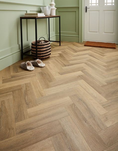 Hallway With Herringbone Floor, Amtico Sun Bleached Oak Herringbone, Scandi Kitchen Floor, Oak Herringbone Floor Hallway, Herringbone Floor Oak, Herringbone Parquet Flooring, Hallway Herringbone Floor, Amtico Herringbone Floor, Wood Floor Hallway