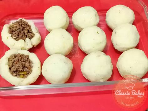 Stuffed Potato Balls | Classic Bakes Beef Balls Recipe, Stuffed Mashed Potato Balls, Potato Balls Recipe, Potato Basket, Mashed Potato Balls, Stuffed Potato, Potato Balls, Stuffed Potato Balls, Savory Pies