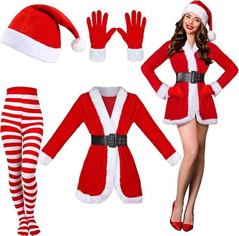 4 Pcs Santa Claus Costume Womens Christmas Suit, Including Velvet Dress with Belt, Santa Hat, Striped Tights, Red Velvet Gloves Womens Santa Costume, Striped Thigh High Socks, Womens Fancy Dress, Velvet Gloves, Santa Claus Costume, Christmas Suit, Christmas Dress Women, Red Gloves, Striped Tights