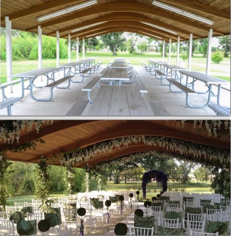 Pavilion Ceremony Decorations, Wedding Pavilion Decor, How To Decorate A Pavilion For A Wedding, Pavillion Ceremony Decor, Outdoor Pavilion Wedding Ceremony, Wedding Ceremony Pavilion Decorations, Picnic Pavilion Wedding, Covered Patio Wedding Ceremony, Wedding Venue Before And After