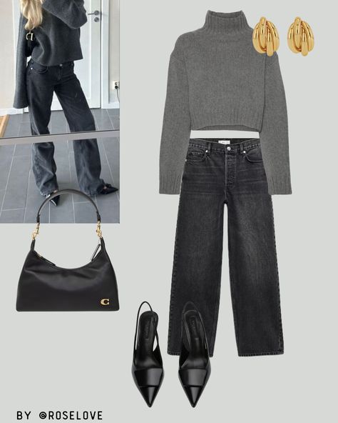 Effortlessly chic ensemble. The cozy grey turtleneck pairs perfectly with the sleek black jeans. Add a touch of elegance with gold statement earrings and complete the outfit with a black leather bag and pointed heels for that sleek, modern finish.🌟🖤  Sweater : https://sovrn.co/j64ib1i Denim : https://sovrn.co/4q70uo0 Shoes : https://sovrn.co/1qjx06i Bag : https://sovrn.co/vsnmwys Earrings : https://sovrn.co/1hpaa3c  #ChicComfort #EffortlessStyle #ModernElegance #CasualFashion #WinterWardrobe Jeans And Pointed Heels Outfit, Grey Turtleneck Sweater Outfit, Black Pointed Heels Outfit, Gray Turtleneck Outfit, Grey Turtleneck Outfit, Pointed Heels Outfit, Turtleneck Sweater Outfit, Girly Winter, Black Pointed Heels