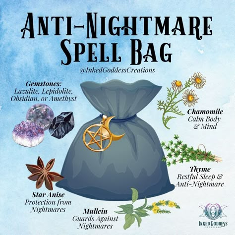 Add these ingredients to a spell bag and keep near your bed or under your pillow to ward off nightmares! #dreammagick #spellbag #antinightmare #witchspell Things To Put Under Your Pillow, Ward Off Bad Dreams, Witchy House Keeping, Witch Ball Recipe, Nightmare Protection Spell, Herbs For Nightmares, Spell Jar For Nightmares, Dream Bags Witchcraft, Sachet Spell Bags