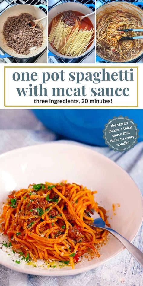 Whip up a delicious spaghetti and meat sauce in one pot with only three ingredients! Ground beef, jarred sauce, spaghetti - along with olive oil, salt, pepper, and water - combine to make the most DELICIOUS pasta, with sauce that clings to every noodle thanks to the starch that stays in the pot to thicken the sauce! Spagetti And Meat Sauce, Dump Casseroles, Pasta With Sauce, Ground Beef Spaghetti Sauce, Spaghetti And Meat Sauce, Spaghetti With Meat Sauce, Spaghetti With Meat, Weeknight Casseroles, Spaghetti With Ground Beef