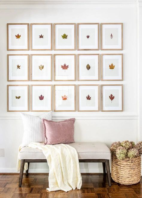 An entryway decorated with a budget-friendly way to use leaves and flowers from your backyard for free art and decor. Wall Art Work Ideas, Wall Galleries, Cheap Fall Decor, Aesthetic Interior Design, Fall Entryway, Pressed Leaves, Deco Boheme, Deco Floral, Christmas Wall Decor