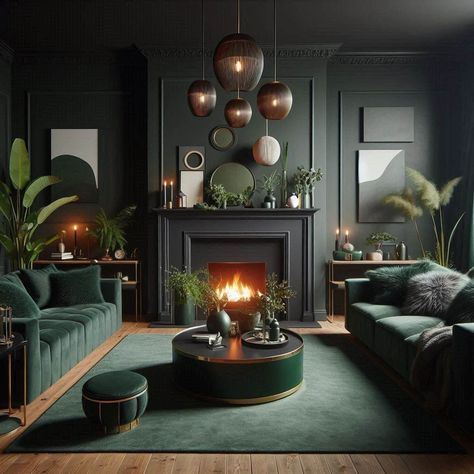 Dark Olive Walls Living Room, Green Couch Living Room Fireplace, Phthalo Green Living Room, Hunter Green Fireplace, Dark Green Black Living Room, Colour Palette With Dark Green, Dark Green And Gray Living Room, Dark Green Interior Design Living Rooms, Green Color Drenched Living Room