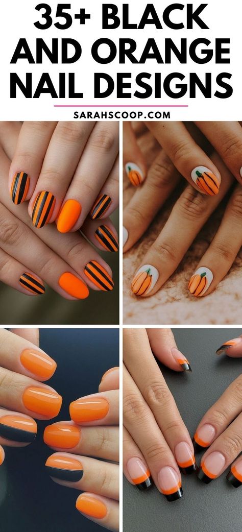 Get inspired with these 35+ bold and vibrant black and orange nail designs!🖤🧡 #NailArt #BlackAndOrangeNails #NailDesigns Black And Orange Tip Nails, Orange Black Nails Design, Black White And Orange Nails, Black Nails Orange Tips, Cute Orange Halloween Nails, Orange And Black Nails Ideas, Orange And Black Halloween Nail Designs, Orange Nail Design Ideas, Black And Orange Halloween Nail Designs