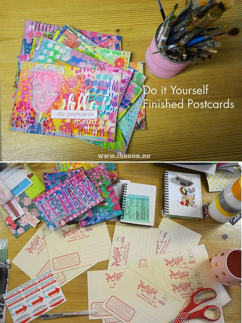 Happy Girl Postcards Painting | Making postcards from Scratch - Part 3 Making Postcards, Make Your Own Postcard, Postcard Design Inspiration, Art Tut, Diy Postcard, Postcards Diy, Snail Mail Pen Pals, Recycled Crafts Kids, The Swap