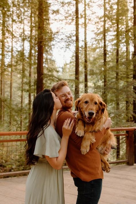 Engagement Photos with Golden Retriever, pose ideas with dog Photography Poses Couples With Dogs, Engagement Announcement Ideas With Dogs, Fall Family Photo With Dog, Couple Posing With Dog, Couple And Their Dog Photos, Fall Picture With Dog, Couple Holiday Photos With Dog, Family Holiday Photos With Dog, Couple Poses With Dog Christmas Cards