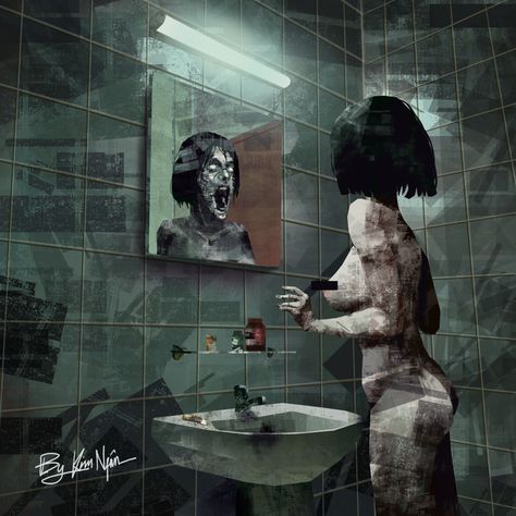 Mirror Digitalpainting Horror Bathroom Mirror Horror Art, Hospital Horror Art, Creepy Mirror Reflection, Scary Mirror Reflection, Foggy Mirror Drawing, Looking In A Mirror Reference, Body Dysformia Art Mirror, Bathroom Mirror Drawing, Out Of Shower Mirror Pic