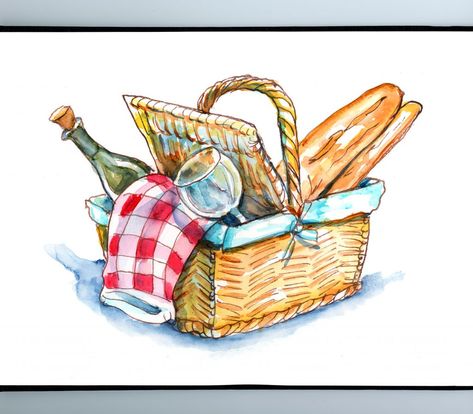 An Imagined Picnic Watercolor Picnic, Basket Drawing, Picnic Theme, Watercolor Books, Watercolor Sketch, A Picnic, Watercolor Illustration, Picnic Basket, Book Activities