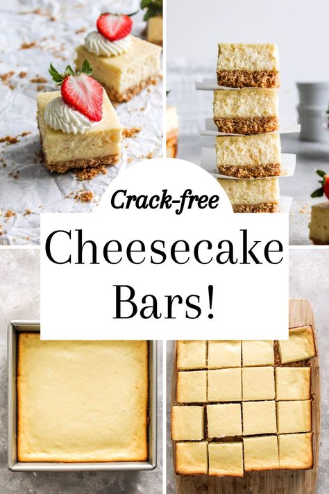 4 photos of cheesecake bars: first photo shows sliced bars in parchment paper, second photo shows sliced bars stacked, third photo shows baked cheesecake in pan, fourth photo shows sliced cheesecake on cutting board Classic Cheesecake Bars, Cheesecake For A Crowd Parties, Baked Cheesecake Bars, Square Cheesecake Bites, Chorro Cheesecake Bars, Cheesecake Bars Wedding, Best Cheesecake Ever, Publix Cheesecake Recipe, Sheet Pan Cheesecake Recipes