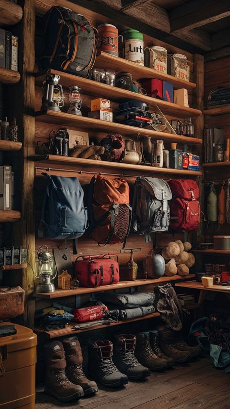 A rustic cabin with a wooden camping gear wall, neatly organizing outdoor gear and camping supplies. Camping Gear Wall, Hunting Room Design, Outdoor Gear Organization, Outdoor Gear Storage, Gear Organization, Camping Gear Storage, Adventure Room, Gear Wall, Gear Room