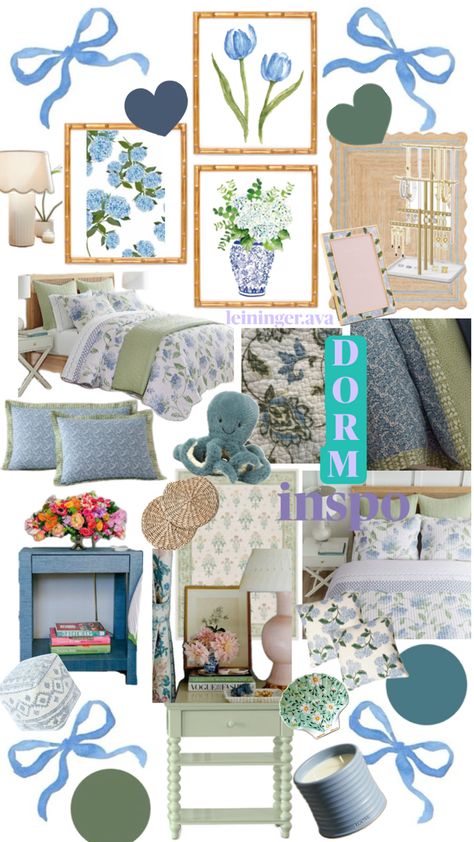 DORM INSPO; green & blue Green Blue Room, Blue Green Room, Green Room Ideas, Blue Green Rooms, Blue Dorm, College Dorm Room Inspiration, Dorm Inspo, Dorm Room Inspiration, Blue Room