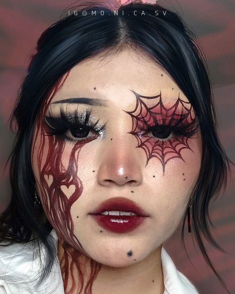 Howlloen Makeup, Heartbreak Makeup Looks, Red Creative Makeup, Red Hearts Makeup, Halloween Makeup Looks 2023, Red Halloween Makeup Looks, Spider Halloween Costume Women, Red Makeup Halloween, Spider Face Makeup