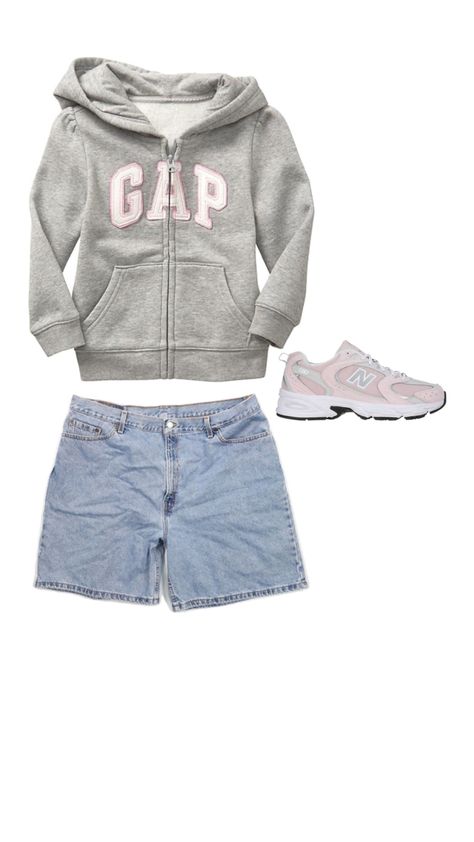 Gray and Pink Gap zip up with light wash jorts with gray and pink new balances Pink New Balance Outfit, New Balance Outfit Ideas, Zip Up Outfit, Pink New Balance, New Balances, New Balance Outfit, New Balance, Stylish Outfits, Light Pink