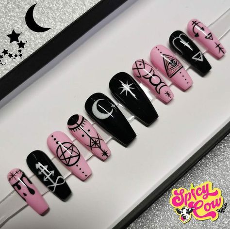 Pink Black Nails, Witch Nails, Witchy Nails, Punk Nails, Gothic Nails, Anime Nails, Edgy Nails, Goth Nails, Grunge Nails