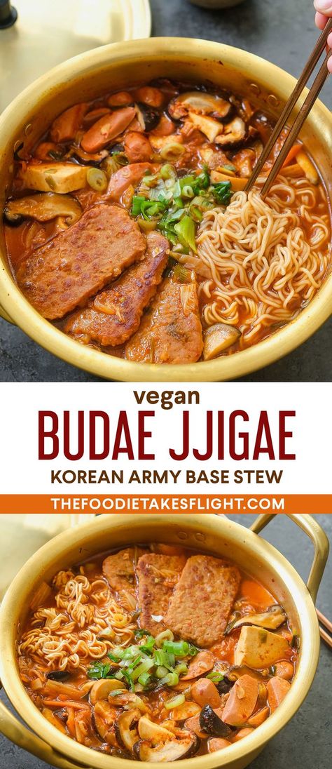 Vegan Korean Soup, Vegan Gochujang Recipes, Korean Vegan Recipes, Vegan Korean Recipes, Vegan Japanese Recipes, Army Base Stew, Korean Army Stew, Vegan Sausage Recipe, Vegan Korean Food