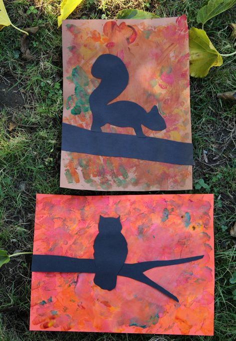 Fall Tree Silhouettes Art Project for Kids - fun for preschoolers and up! Tree Silhouette Art, September Art, Art Docent, Harvest Fest, Art Project For Kids, Squirrel Art, Animal Art Projects, Fall Arts And Crafts, Fall Art Projects