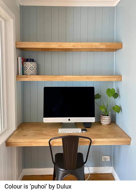 Office In Alcove, Bedroom Office Shelves, Desk In An Alcove, Tiny Computer Desk, Cupboard Study Nook, Desk In Wall Built Ins, Cupboard Desk Study Nook, Built In Desk Top Ideas, Small Space Nook Ideas