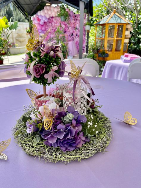 Fairy Table Decorations, Butterfly Garden Theme Quinceanera, Fairy Quinceanera Theme Invitations, Enchanted Fairy Centerpieces, Diy Fairy Centerpiece, Lavander Decorations, Fairy Garden Quinceanera Theme Centerpieces, Enchanted Forest Butterfly Theme, Butterfly Tree Centerpiece