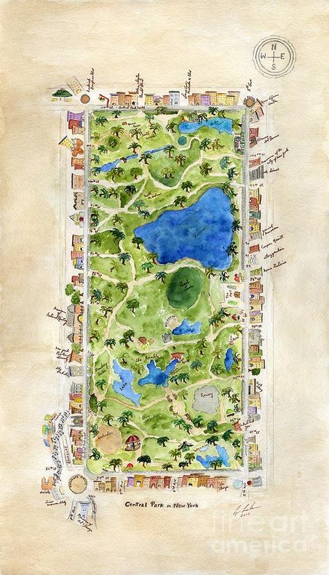 Central Park Tattoo, Central Park Drawing, Cental Park, Central Park Illustration, Park Map Illustration, New York Map Illustration, Central Park Map Illustration, Central Park Map, New York Neighborhood Map