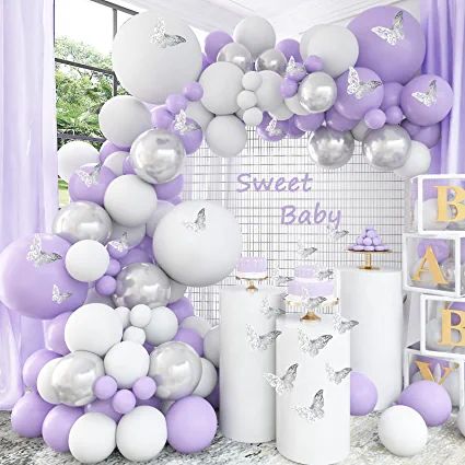 White Silver Balloon Arch, Silver Balloon Arch, Purple Baby Shower Decorations, Purple Balloon Garland, Lilac Baby Shower, Lavender Balloons, Lilac Balloons, Purple Balloon, Butterfly Balloons