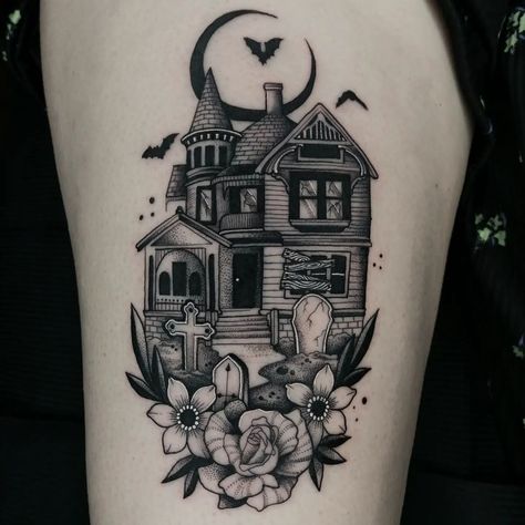 Cute Haunted House Tattoo, Haunted House Flash Tattoo, Amityville Horror House Tattoo, Haunted House Sleeve Tattoo, Haunted House Traditional Tattoo, Adams Family House Tattoo, Haunted House Tattoo Ideas, Haunted House Tattoo Simple, Small Haunted House Tattoo