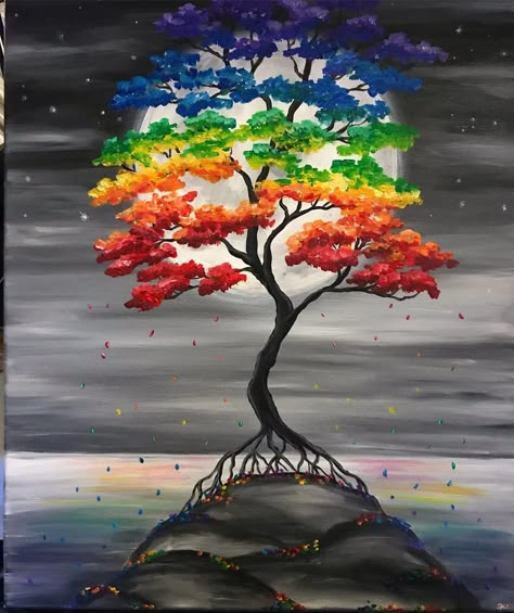 Rainbow Art. Bonsai Tree. | Etsy Sharing A Rainbow Painting, Sharing A Rainbow Drawing, Beginners Canvas Painting, Canvas Painting For Beginners, Tree Of Life Painting, Jellyfish Painting, Cherry Blossom Painting, Acrylic Painting Ideas, Rainbow Tree