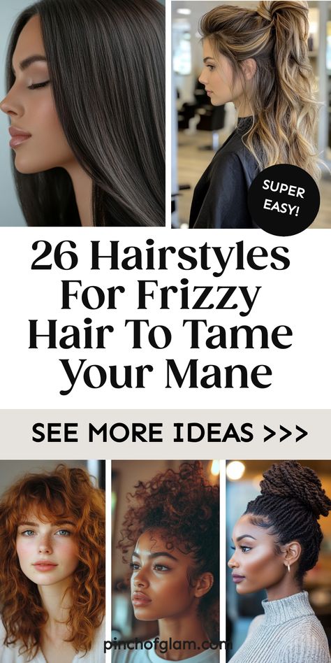 Discover trendy and chic frizzy hair hairstyles and styles for your next great haircut. Say goodbye to frizz with these fabulous haircut ideas that will revamp your look. Embrace your natural texture with these frizzy hair hairstyles that are perfect for any occasion. Whether you're looking for a short, medium, or long style, we've got you covered with the best frizzy hair styles to inspire your next salon visit. Hair Colour For Frizzy Hair, Hairstyles For Frizzy Straight Hair, Hairstyle Ideas For Frizzy Hair, Thick Frizzy Hairstyles, Short Haircut For Frizzy Hair, Cute Hairstyles For Frizzy Hair, Hairstyles For Thick Frizzy Hair, Haircuts For Frizzy Wavy Hair, Frizzy Hair Styles