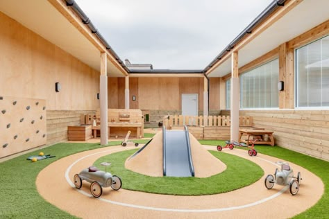 School House Interior Design, Outdoor Preschool Playground Ideas, Play Cafe Ideas Coffee Shop, Woods Interior Design, Modern Daycare Design, Daycare Interior Design, Rocking Bed, Wood Playground, Bed Montessori