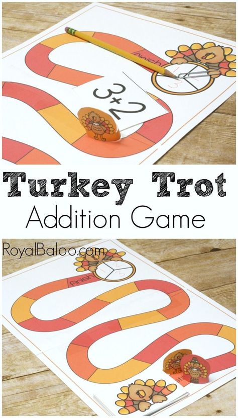 Turkey Trot Thanksgiving Addition Game. Practice counting on with simple addition in this fun Thanksgiving and Turkey themed free printable game. Thanksgiving Addition, Math Activities For Toddlers, Turkey Math, Free Homeschool Printables, Addition Games, Free Printable Games, Thanksgiving Math, Thanksgiving Activities For Kids, Math Activities For Kids