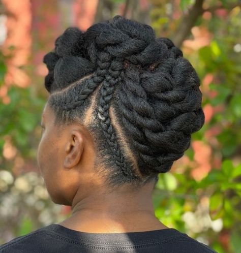 Black Twisted Updo with Side Cornrows Flat Twist Updo Bun, Natural Updo Hairstyles For Black Women, Corporate Hairstyles, Braided Bun Black Hair, Brow Coloring, Summer Cornrows, Updo Hairstyles For Black Women, Cornrow Updo, Side Cornrows