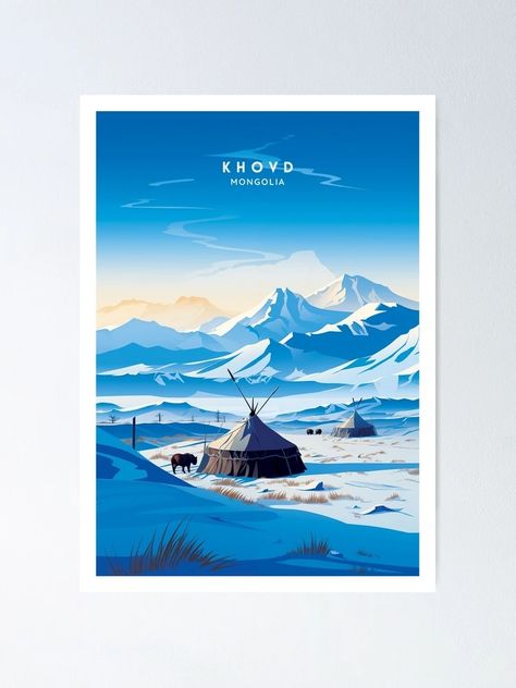 "Khovd Mongolia Frontier Beauty Travel Illustration" Poster for Sale by NeuralVibe | Redbubble Poster Illustration, Travel Illustration, Illustration Poster, Clothing Logo, Travel Beauty, Mongolia, Travel Poster, Mask For Kids, Baby Tshirts